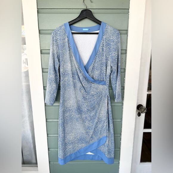 J. McLaughlin Catalina Cloth Blythe Dress faux wrap blue cream long sleeve large - Picture 1 of 7
